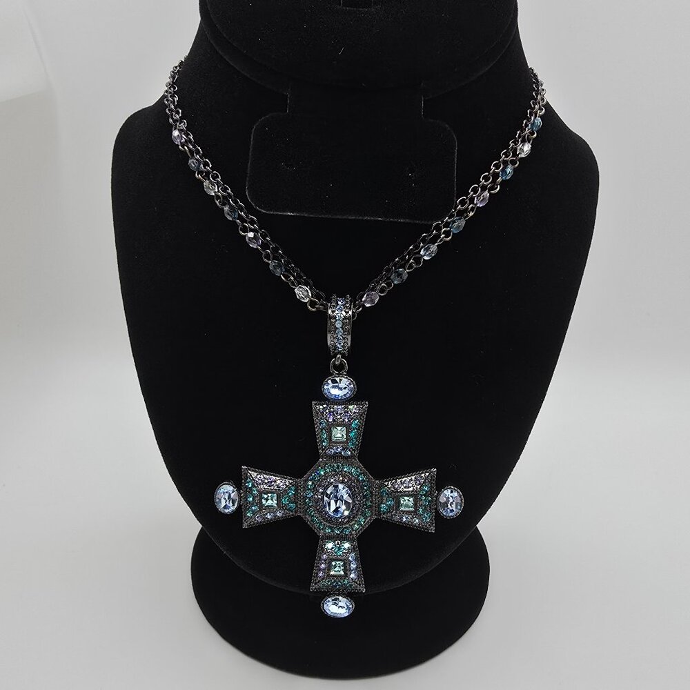 Vintage Real Collectibles by Adrienne Blue/Teal Rhinestone Cross & Drop Earrings - Picture 2 of 10